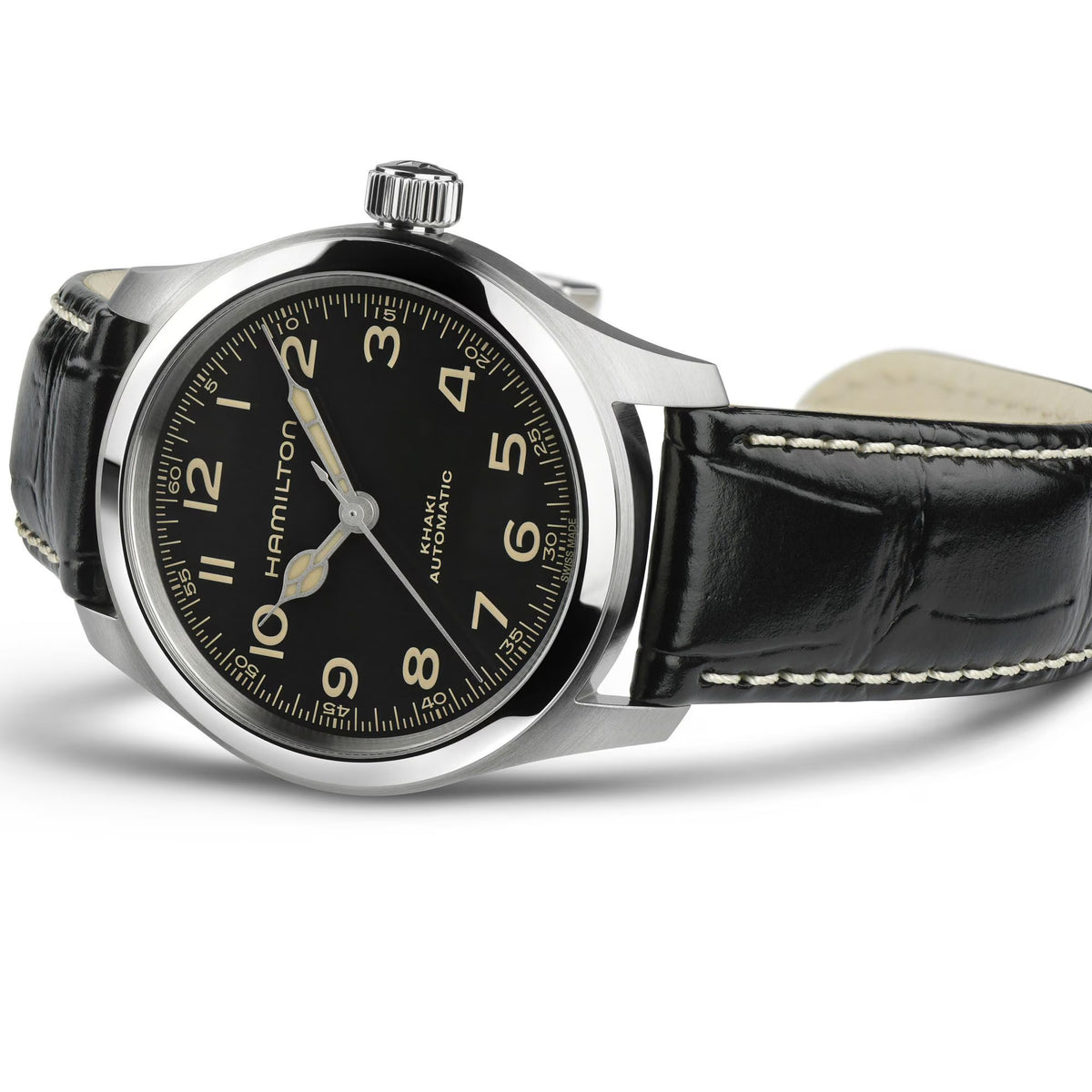 Hamilton Khaki Field Murph H70405730 automatic watch angled view highlighting black dial, polished steel bezel, and black leather band