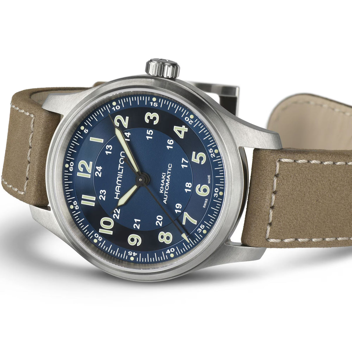 Hamilton Khaki Field Titanium 42mm blue dial leather watch on white background