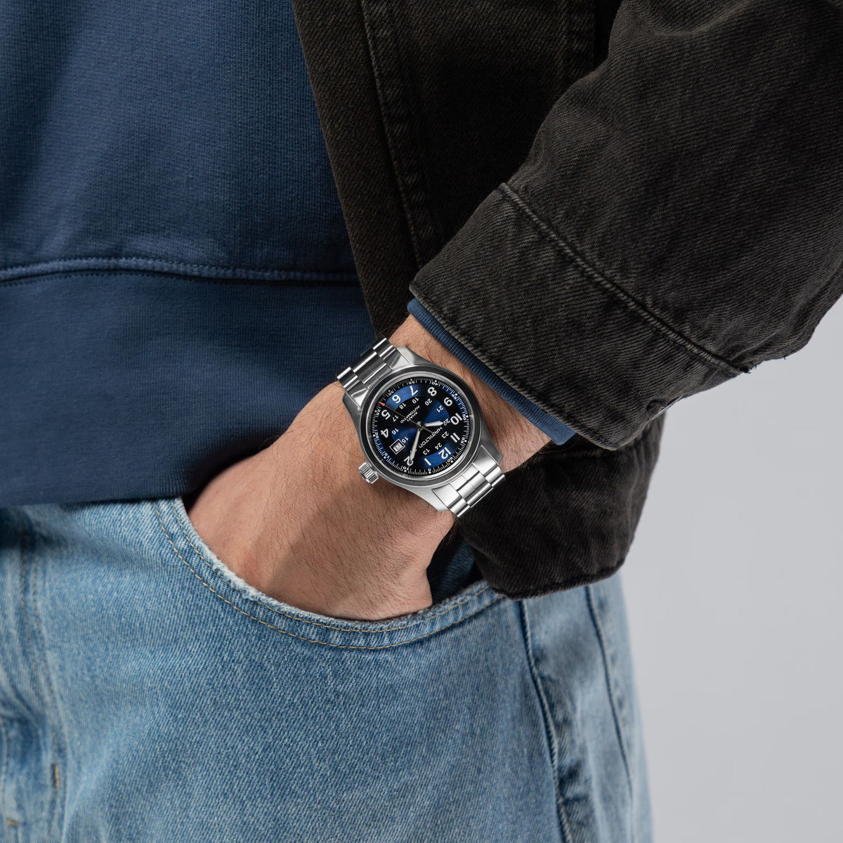 Hamilton Khaki Field 42mm Blue Dial Steel watch worn on wrist H70605140