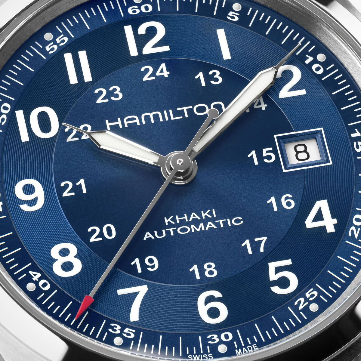 Hamilton Khaki Field H70605140 blue sunray dial with textured hour ring close-up