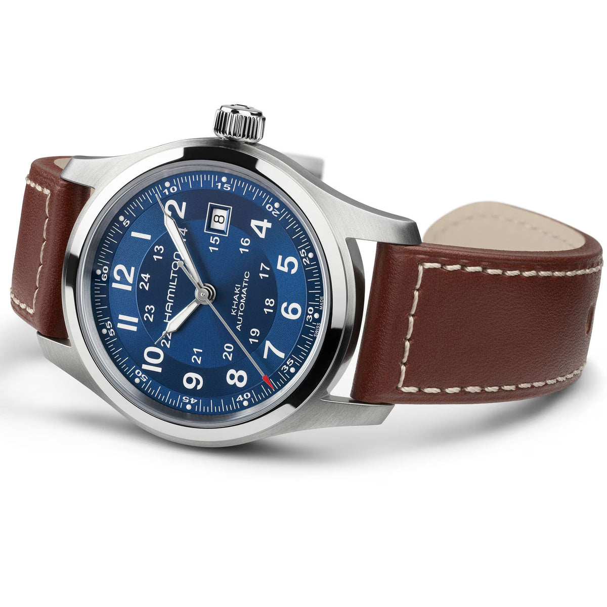 Hamilton Khaki Field H70605540 brown leather strap with contrast stitching detail