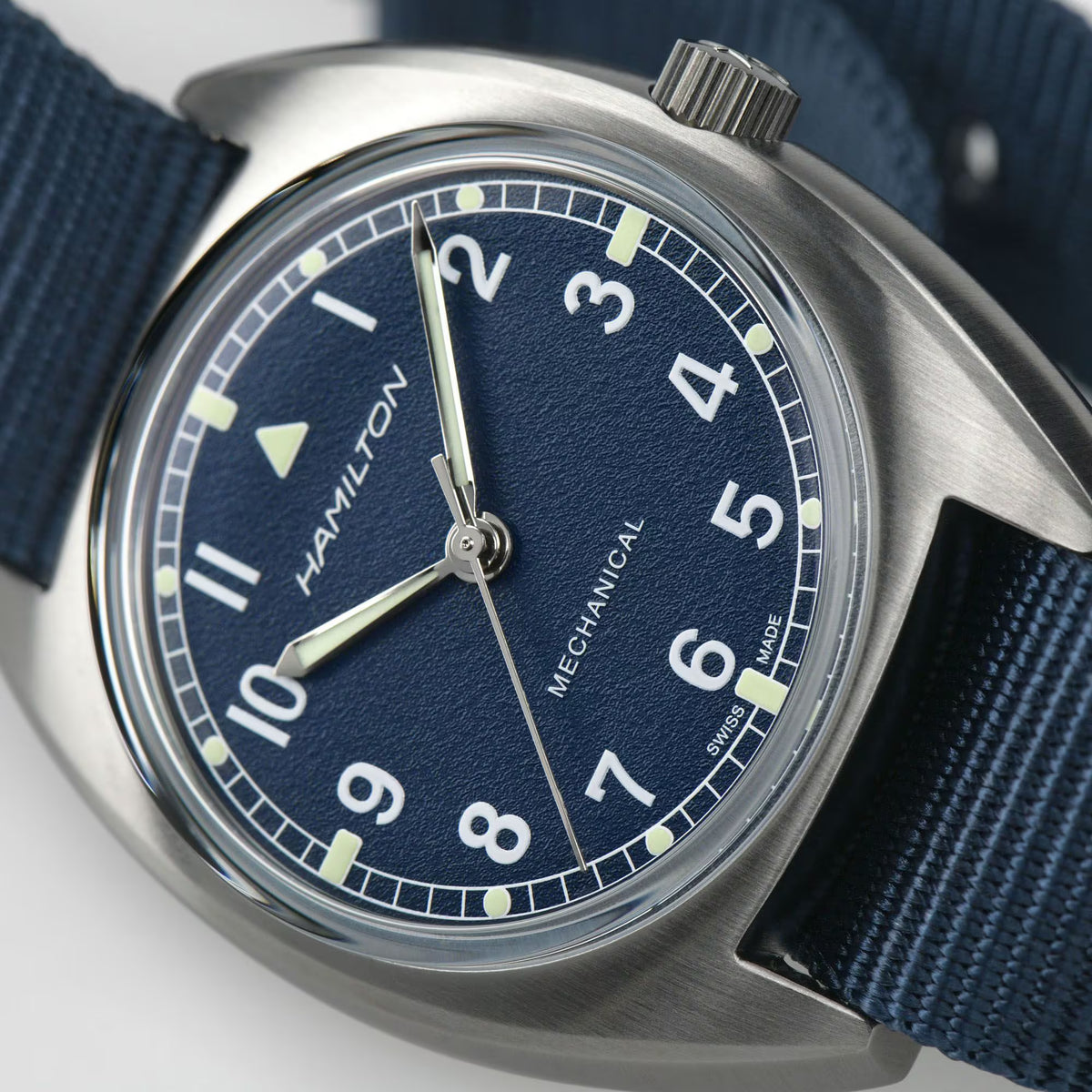 Hamilton Khaki Pilot Pioneer watch with a blue dial and blue NATO strap close up