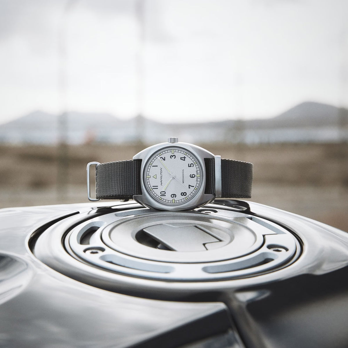 Hamilton Khaki Pilot Pioneer Mechanical watch with a white dial and grey textile NATO strap