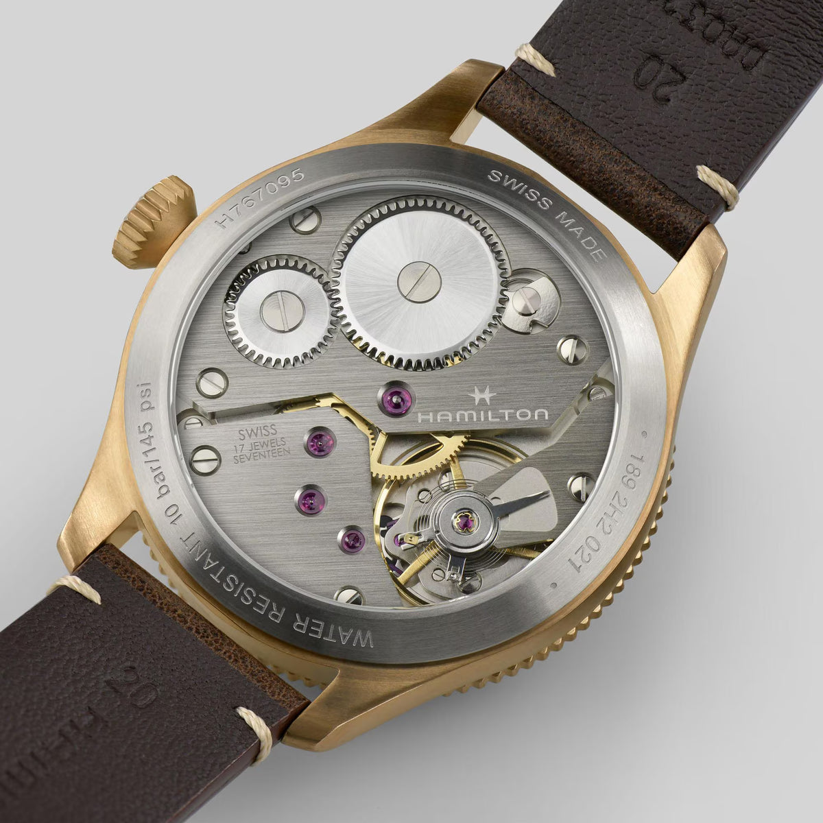 Hamilton H76709530 exhibition caseback revealing ETA 6498-1 mechanical movement
