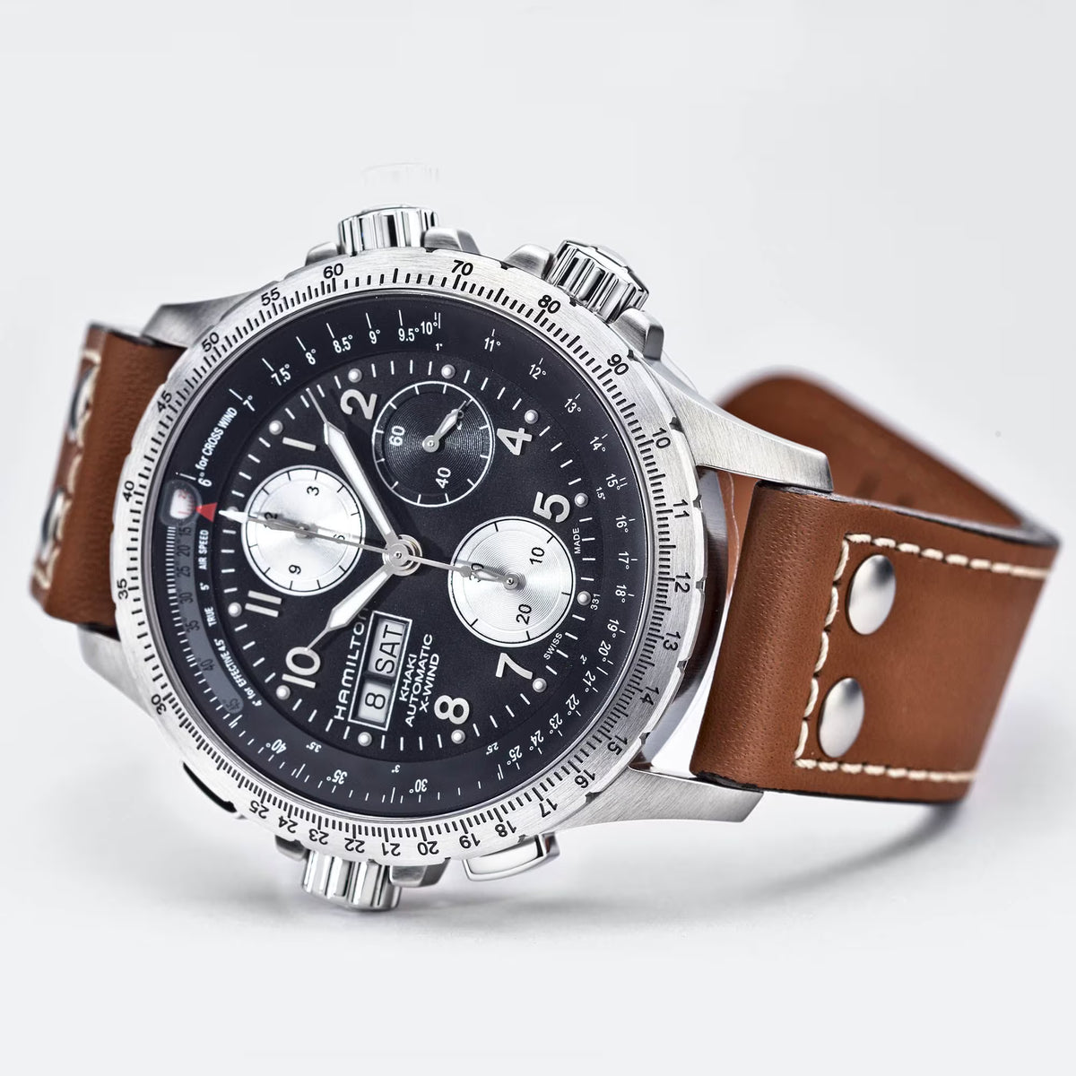 Hamilton Khaki Aviation X-Wind Automatic Chronograph Black Dial Brown Leather Strap Men's Watch H77616533 - WatchNation