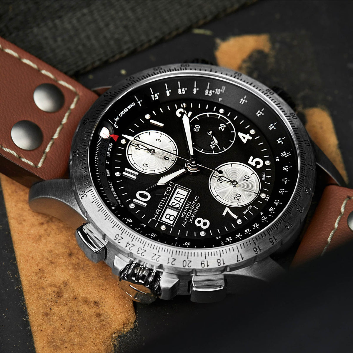 Hamilton Khaki Aviation X-Wind Automatic Chronograph Black Dial Brown Leather Strap Men's Watch H77616533 - WatchNation