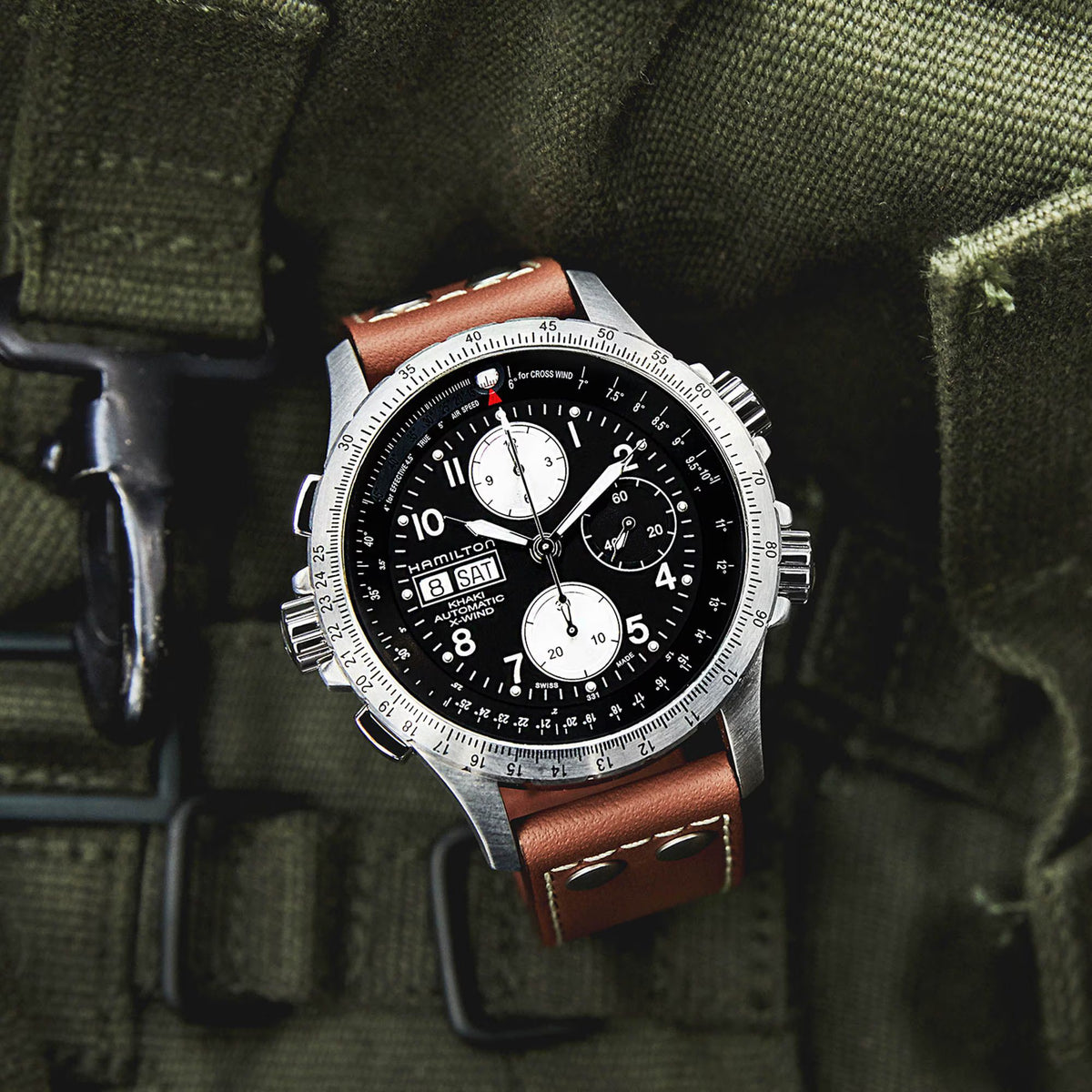Hamilton Khaki Aviation X-Wind Automatic Chronograph Black Dial Brown Leather Strap Men's Watch H77616533 - WatchNation
