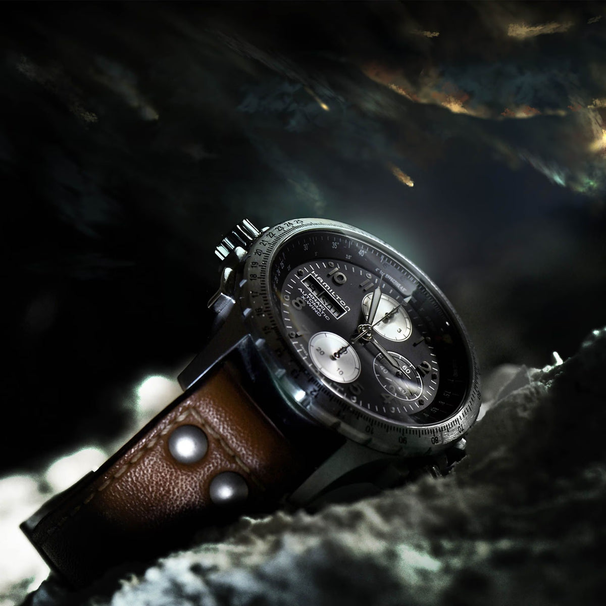 Hamilton Khaki Aviation X-Wind Automatic Chronograph Black Dial Brown Leather Strap Men's Watch H77616533 - WatchNation
