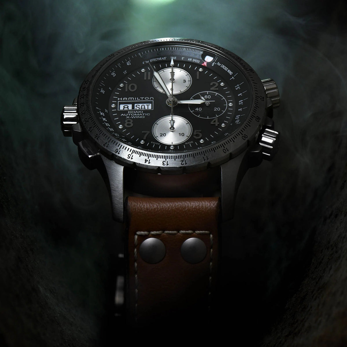 Hamilton Khaki Aviation X-Wind Automatic Chronograph Black Dial Brown Leather Strap Men's Watch H77616533 - WatchNation