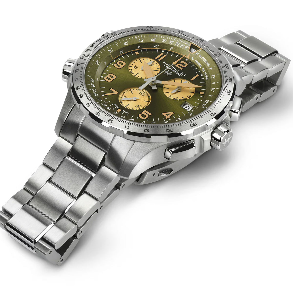 Stainless steel chronograph watch with green dial, three subdials, and metal bracelet