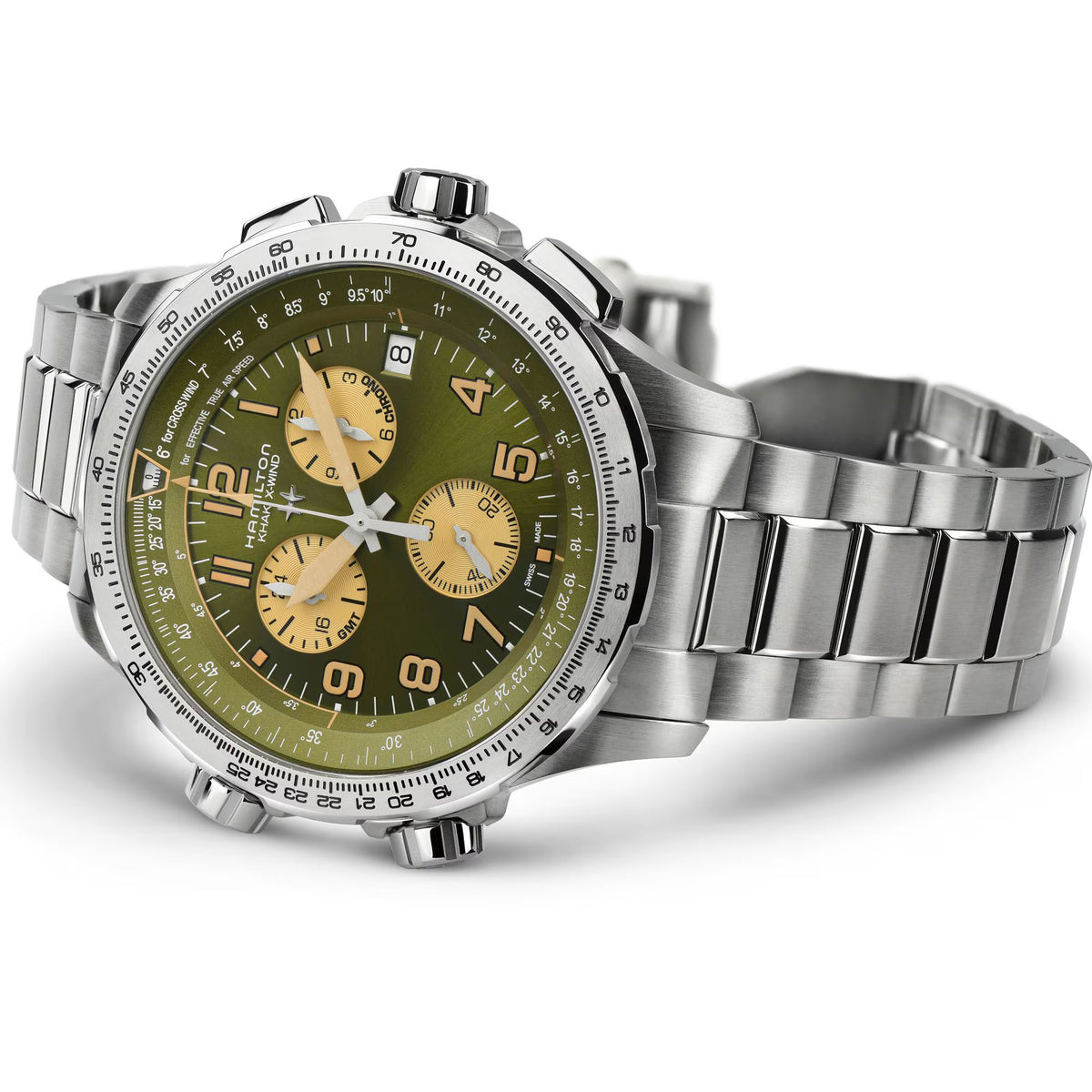 Round stainless steel chronograph watch with green dial and metal bracelet
