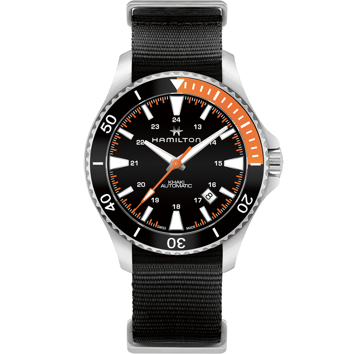 Men's automatic wristwatch with black dial, orange markers, steel bezel, NATO strap