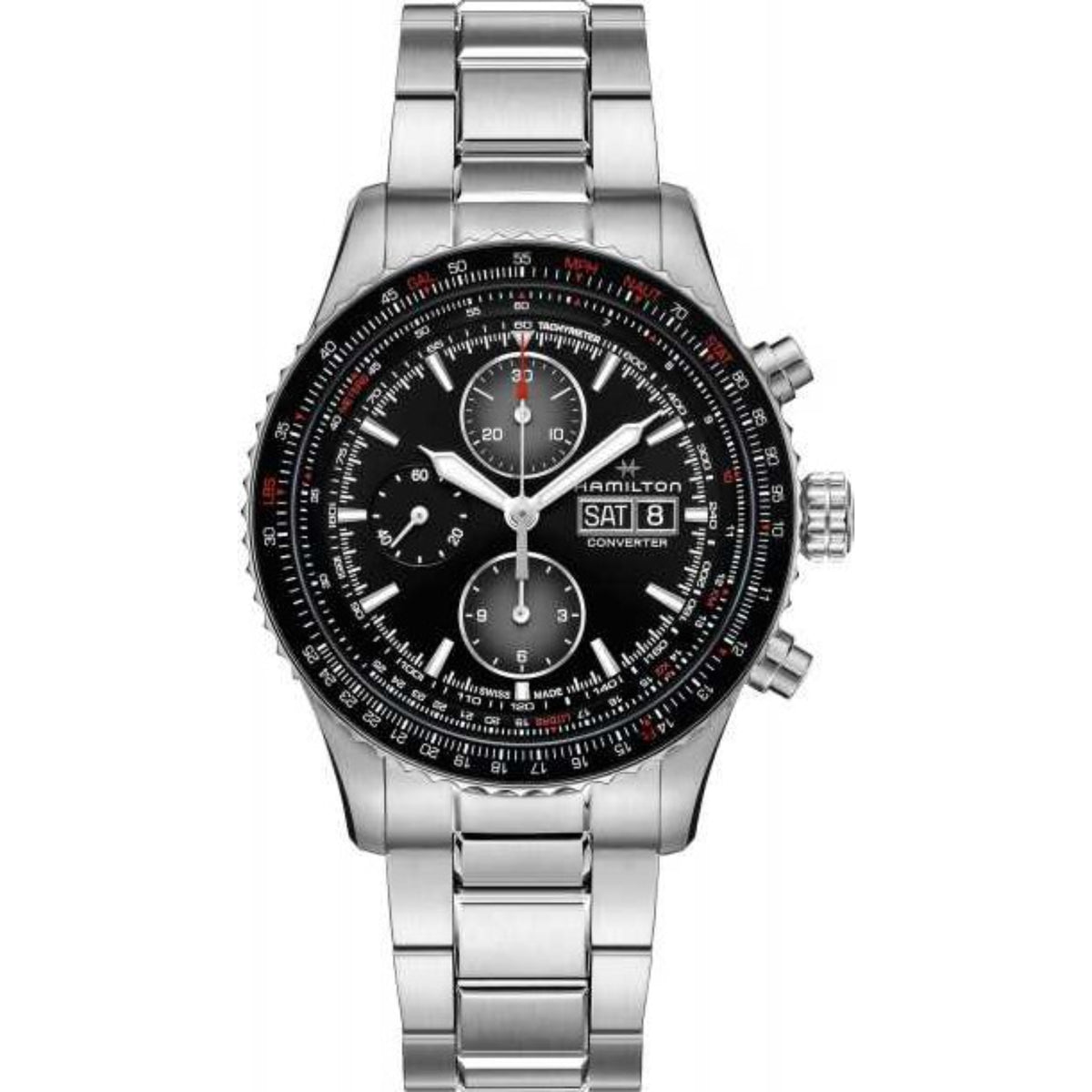 Stainless steel chronograph watch with black dial, three subdials and date window, bracelet.