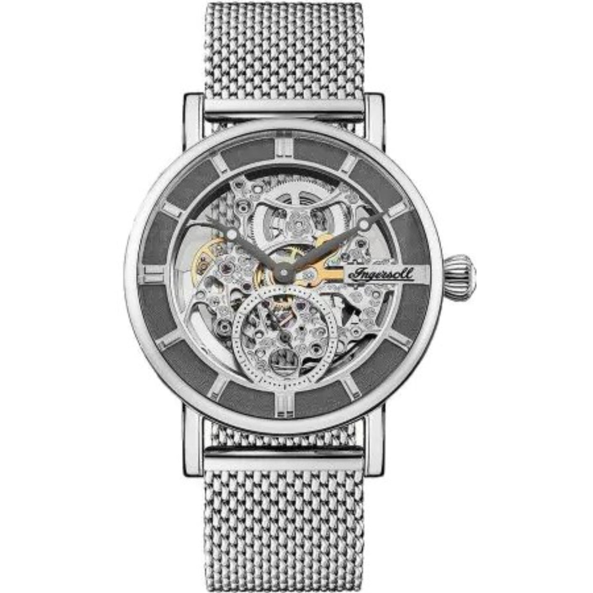 Men's automatic skeleton watch with grey dial and silver Milanese mesh bracelet.