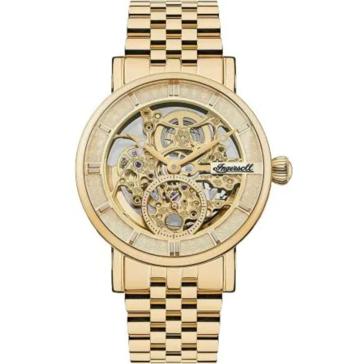 Gold automatic skeleton watch with pale gold dial and stainless steel bracelet