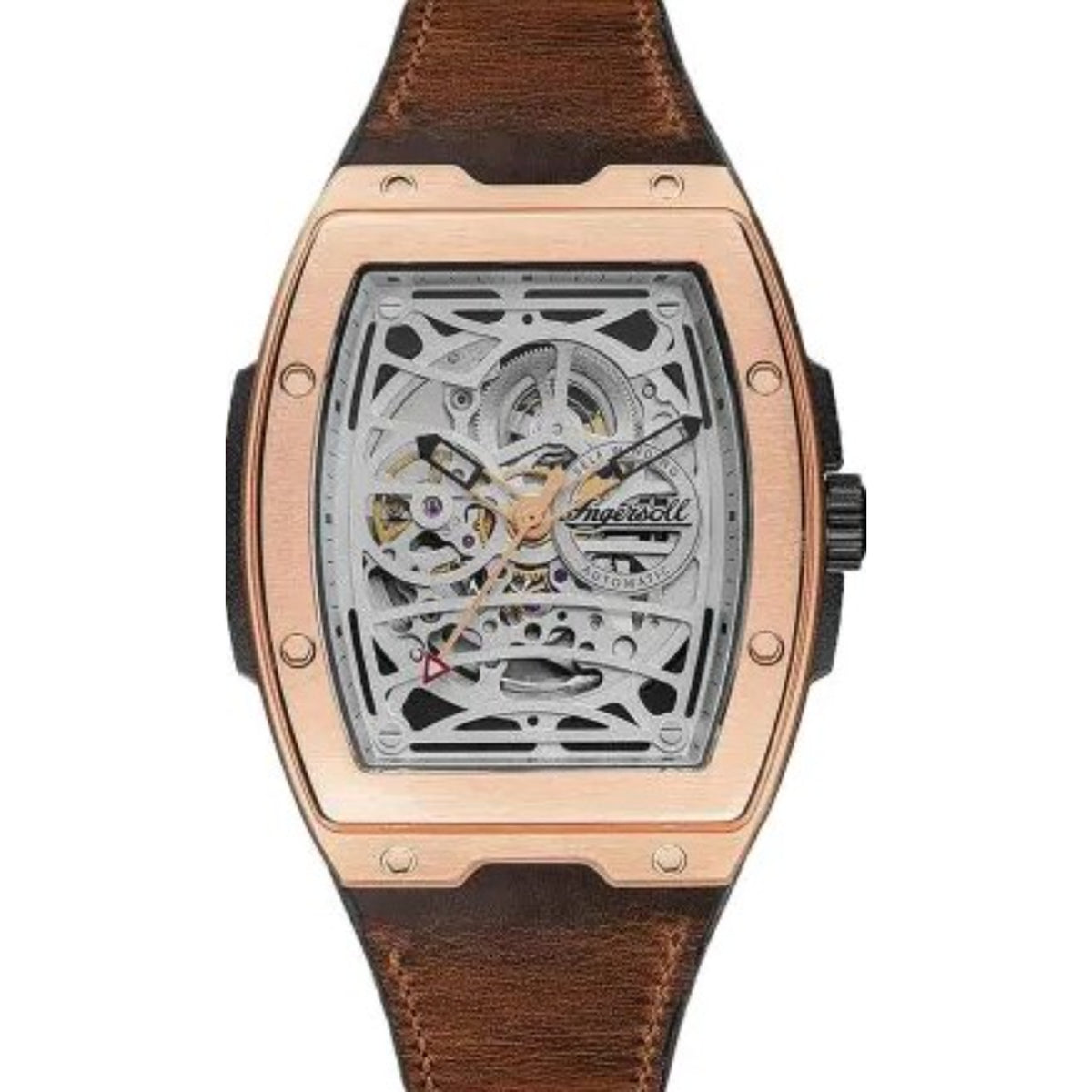 Rose-gold automatic skeleton watch with brown leather strap and transparent dial.
