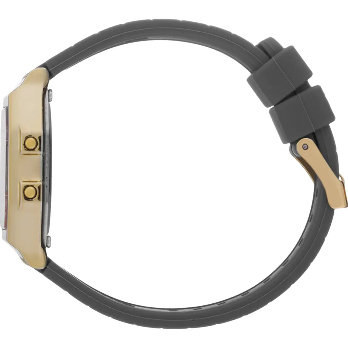 Men's digital watch side view with dark dove-grey silicone strap and gold-toned case