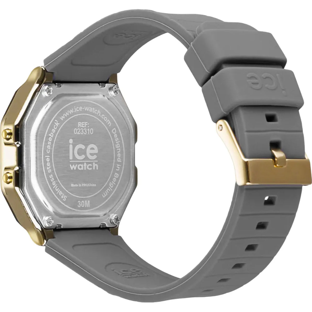 Men's digital watch back with engraved case and dark dove-grey silicone strap