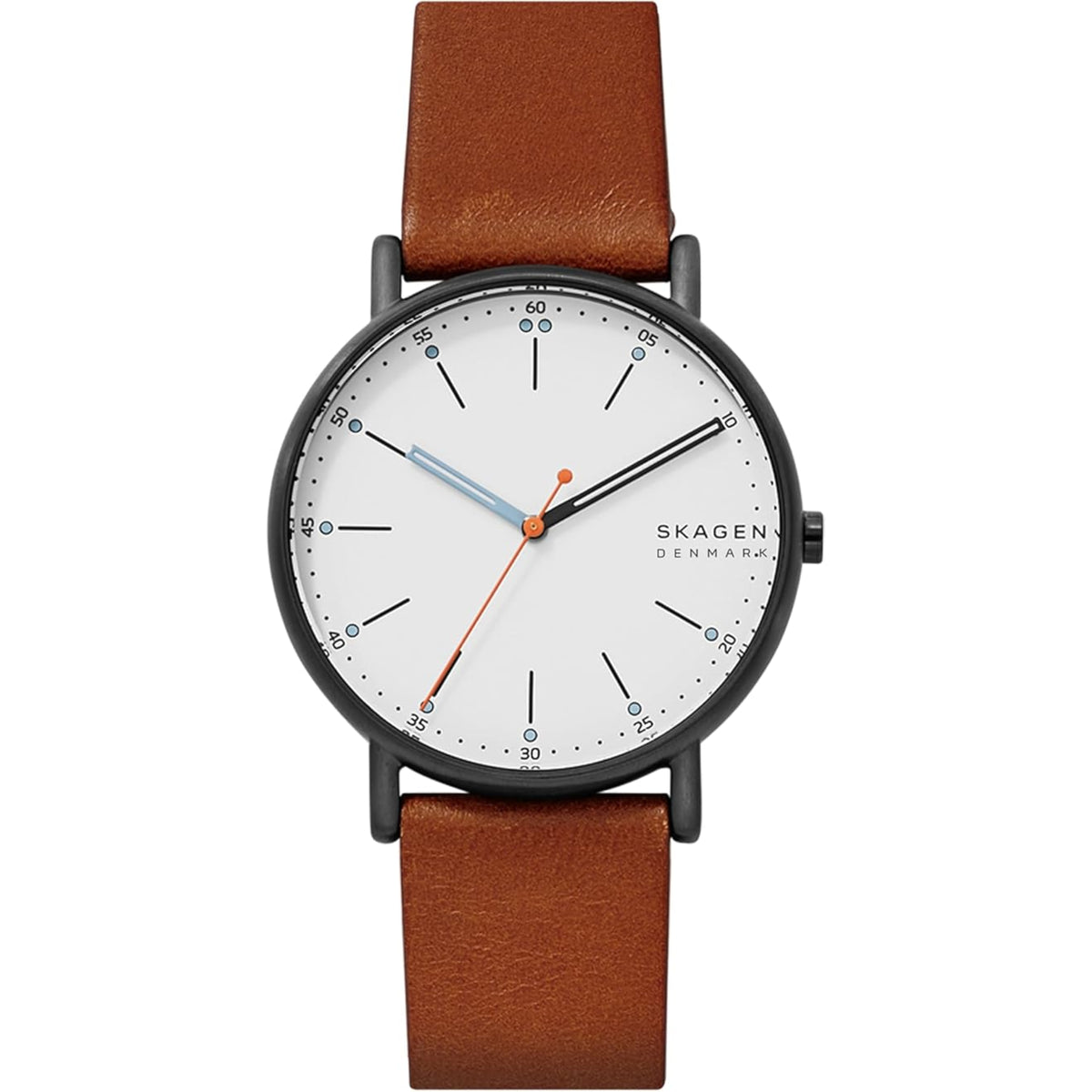 Front View of Skagen Signatur SKW6374 White Dial Watch with Brown Leather Strap