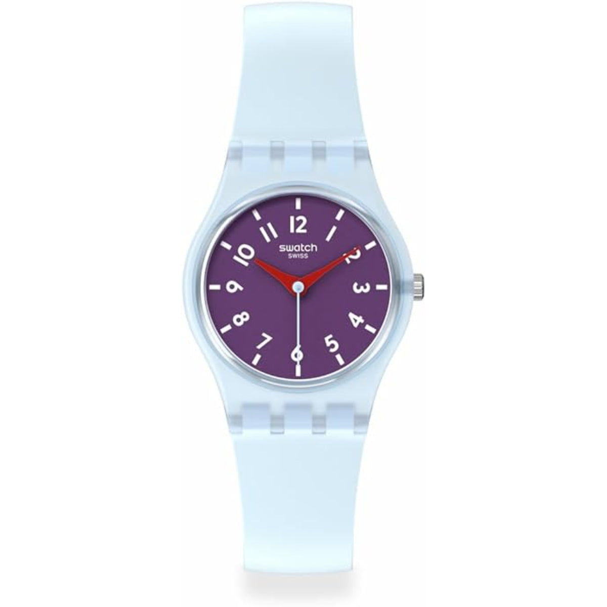 Swatch wristwatch with light blue strap and purple dial, round silver case