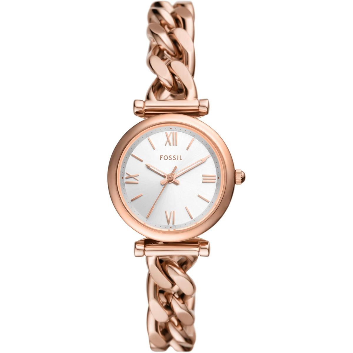 Fossil Carlie ES5330 front view of silver dial with steel case and chain bracelet