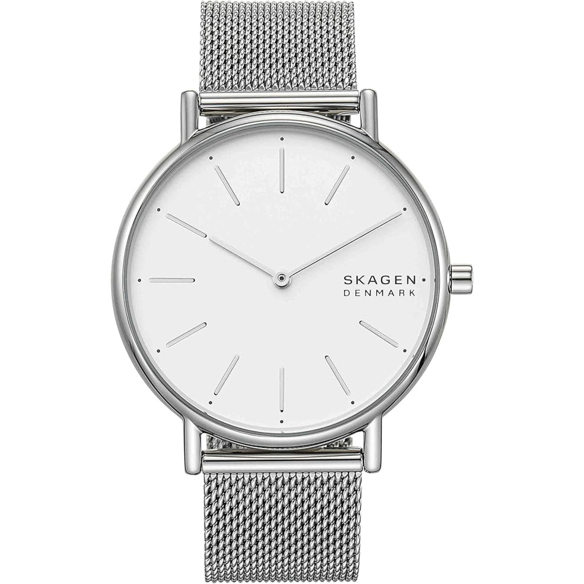 Skagen women's wristwatch with silver mesh band and white dial, slim round case