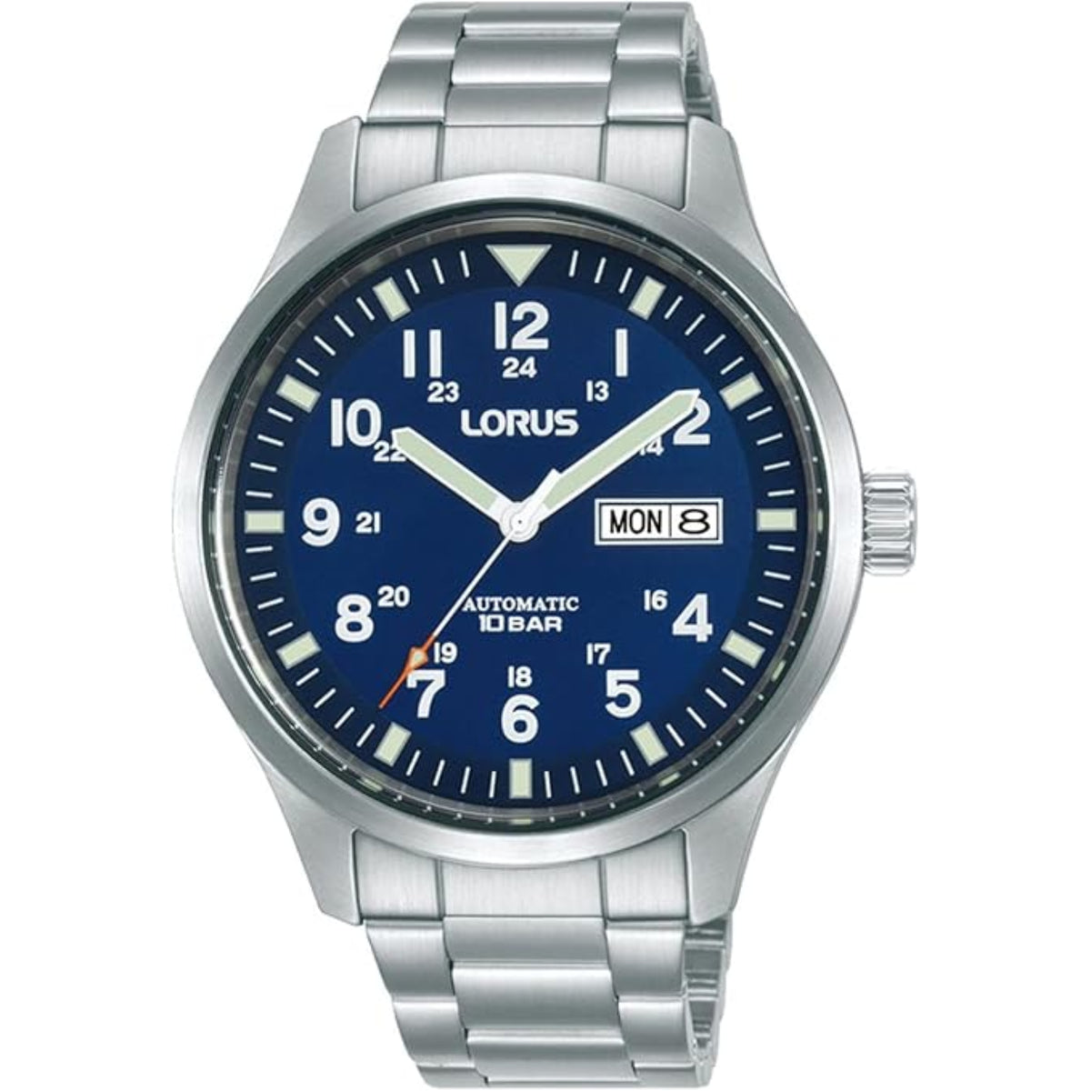 Stainless steel automatic watch with dark blue dial, date window, metal bracelet