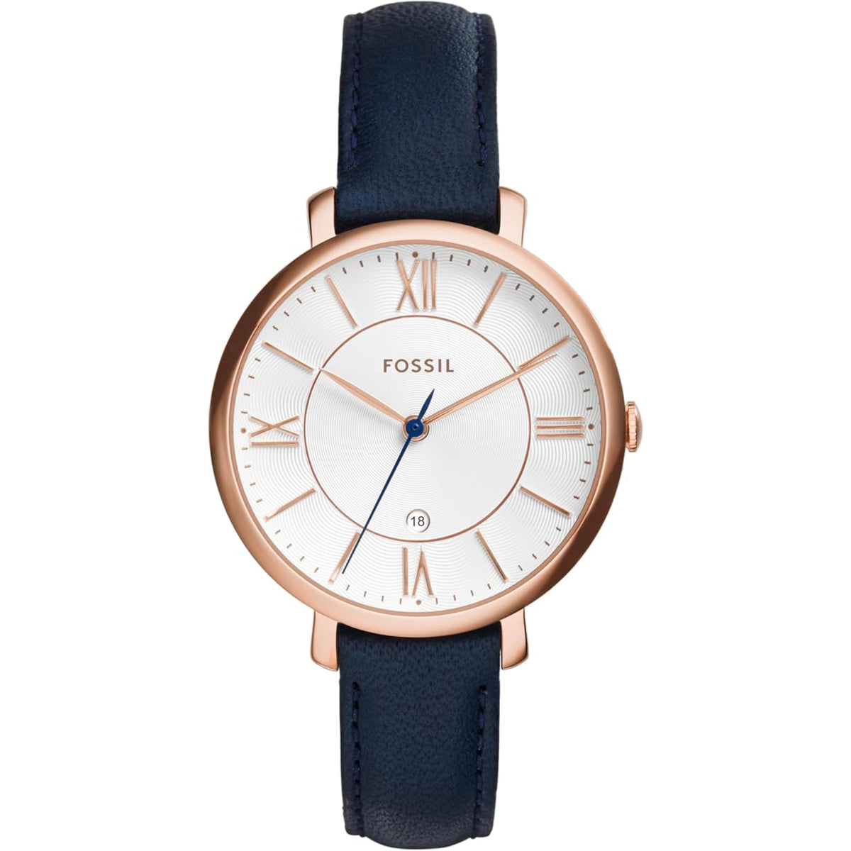 Front view of the Fossil Jacqueline ES3843 watch displaying a silver dial, rose gold-tone Roman numeral hour markers, date display window, and a dark blue leather strap