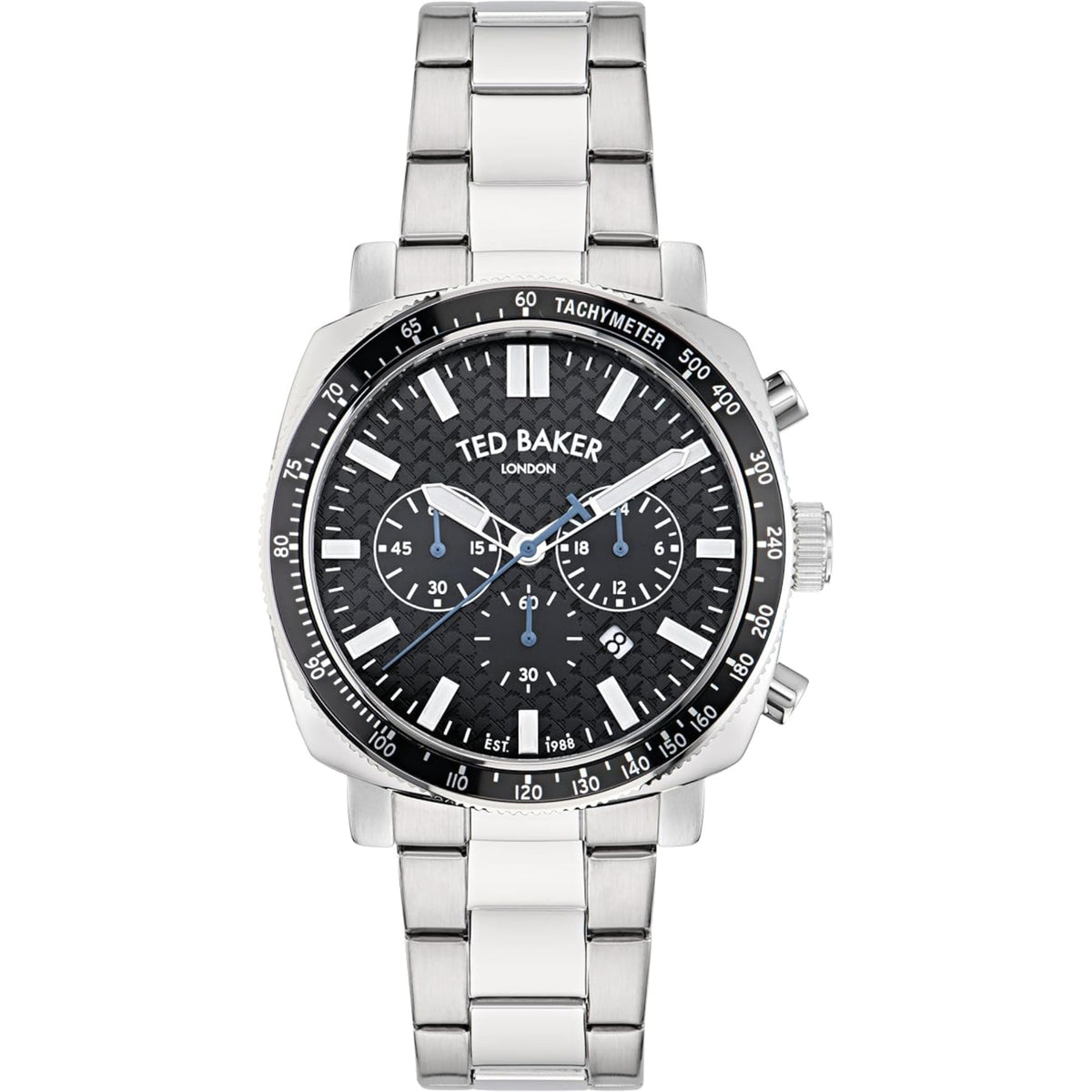 Men's stainless steel chronograph watch with black dial, tachymeter bezel, and linked bracelet
