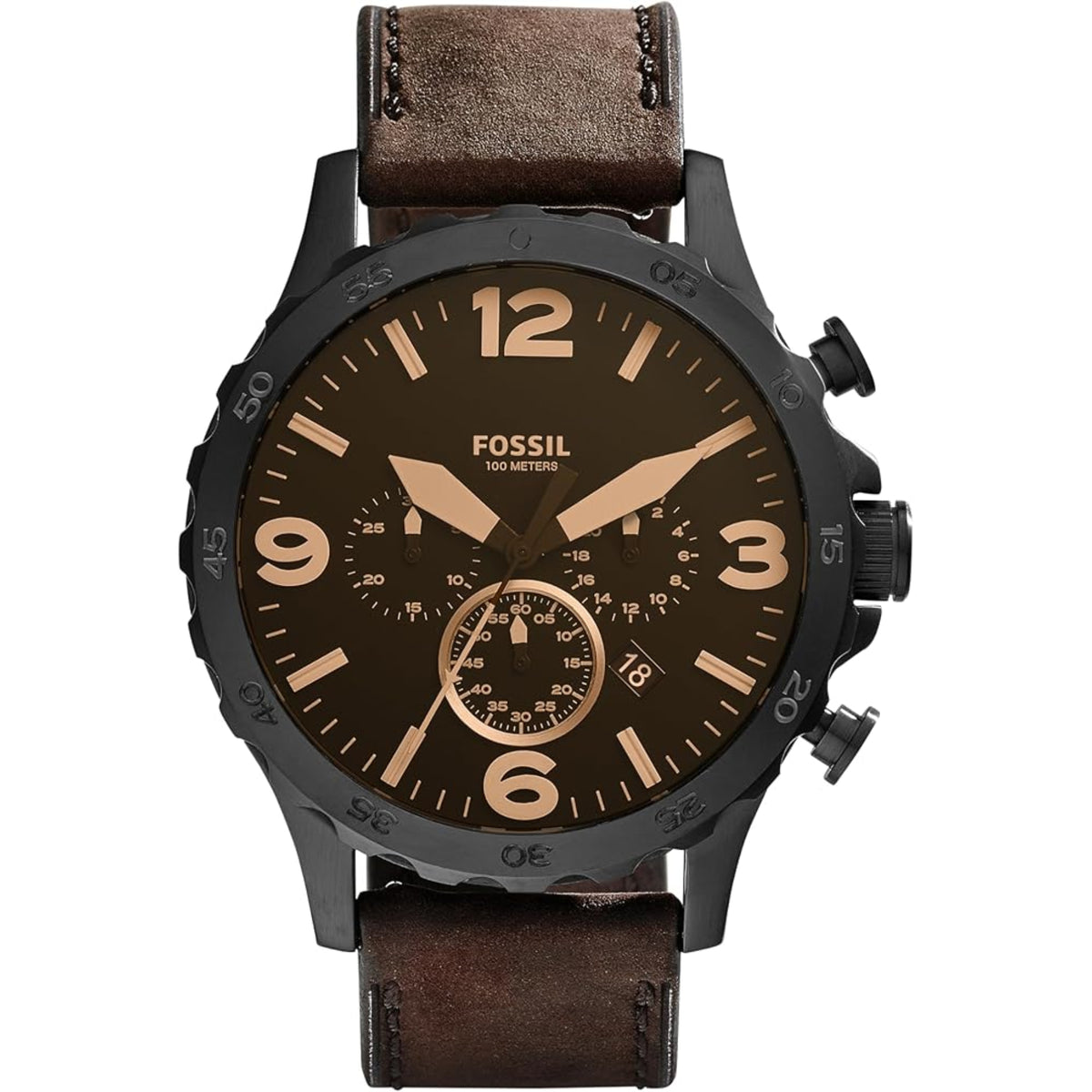 Fossil Nate JR1487 front view showing black dial with chronograph sub-dials and brown leather strap