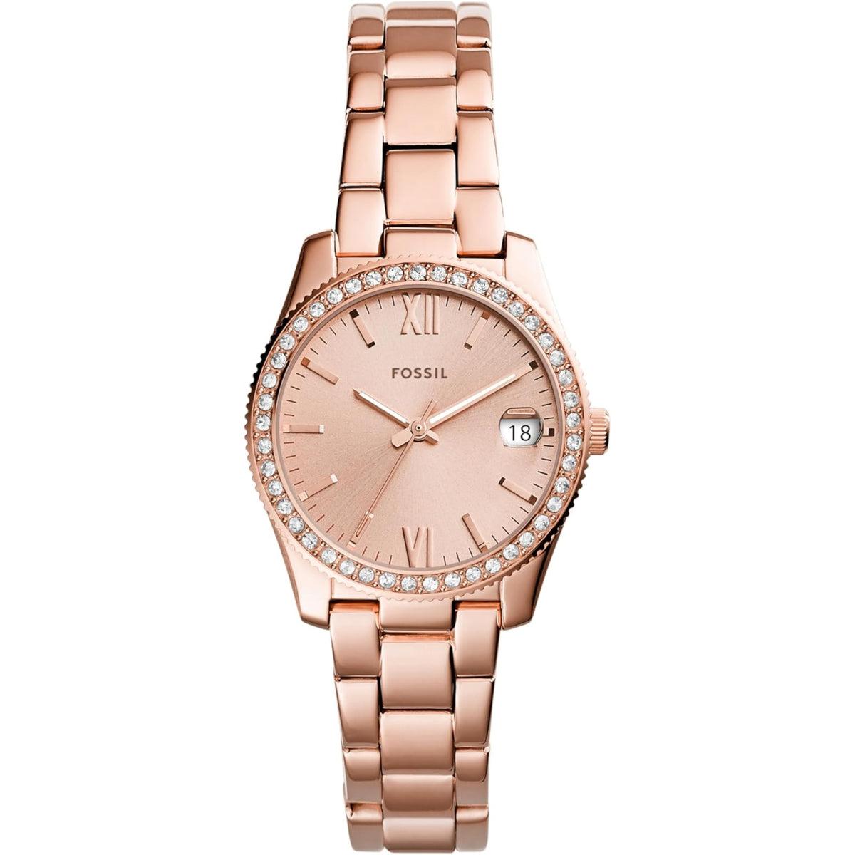 Front view of the Fossil Scarlette ES4318 ladies quartz watch featuring a rose gold dial, crystal-accented bezel, date aperture, and metallic bracelet