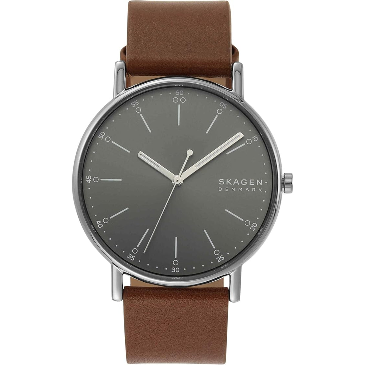 Front View of Skagen Signatur SKW6578 Charcoal Dial Watch with Brown Leather Strap