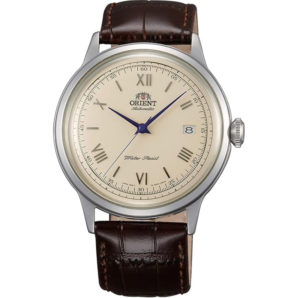 Men's automatic leather-strap watch with cream dial, blue hands, silver round case