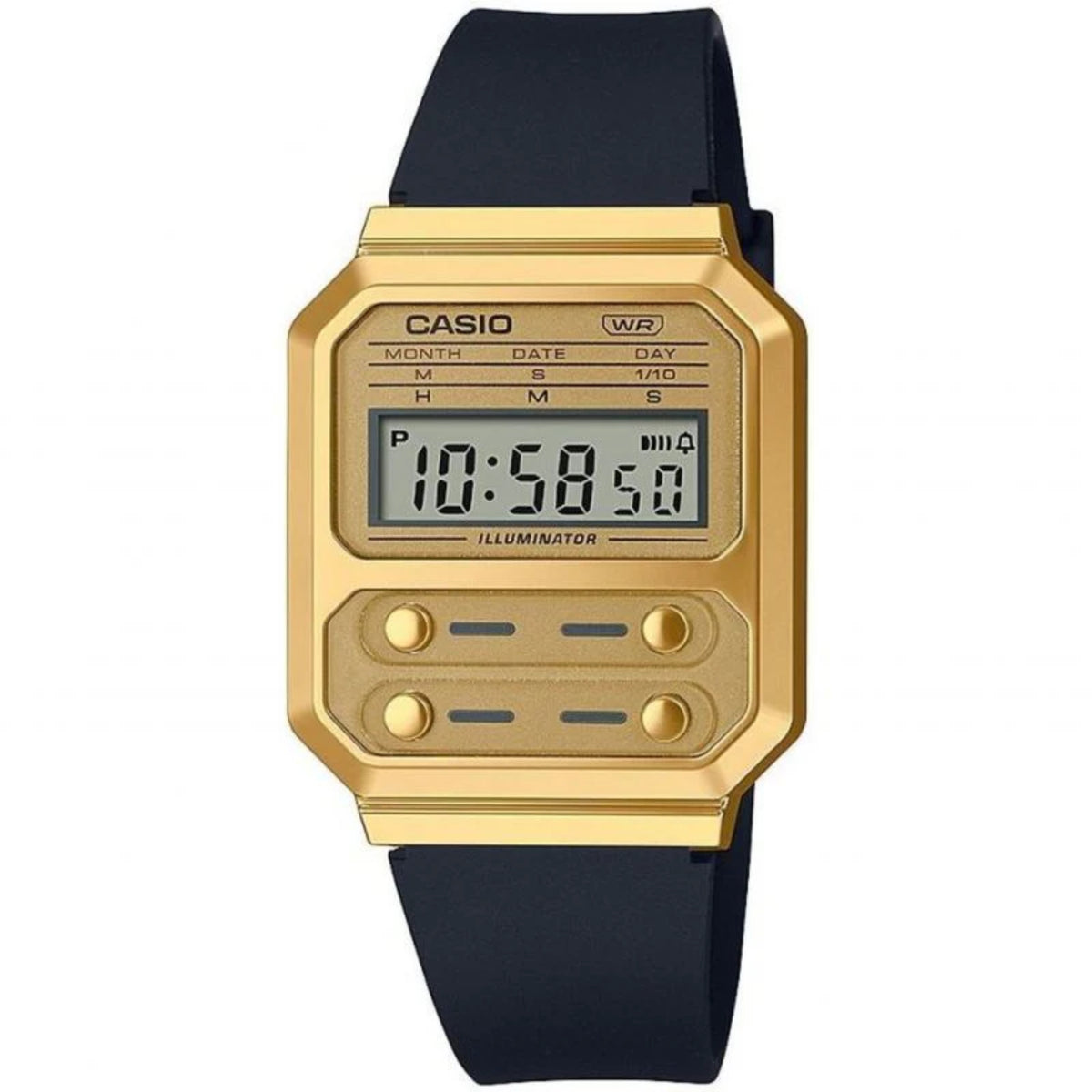 Gold-tone digital unisex watch with dark silicone strap and illuminated LCD display