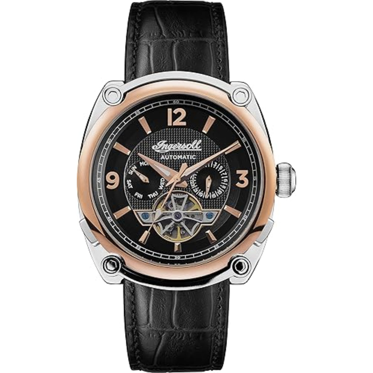 Men's automatic wristwatch with black dial, rose-gold case, and black leather strap.