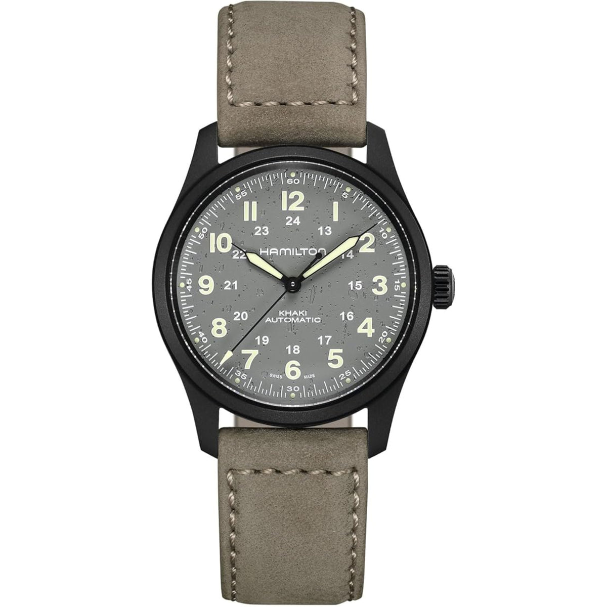 Hamilton khaki field automatic watch with gray dial and taupe leather strap, black case