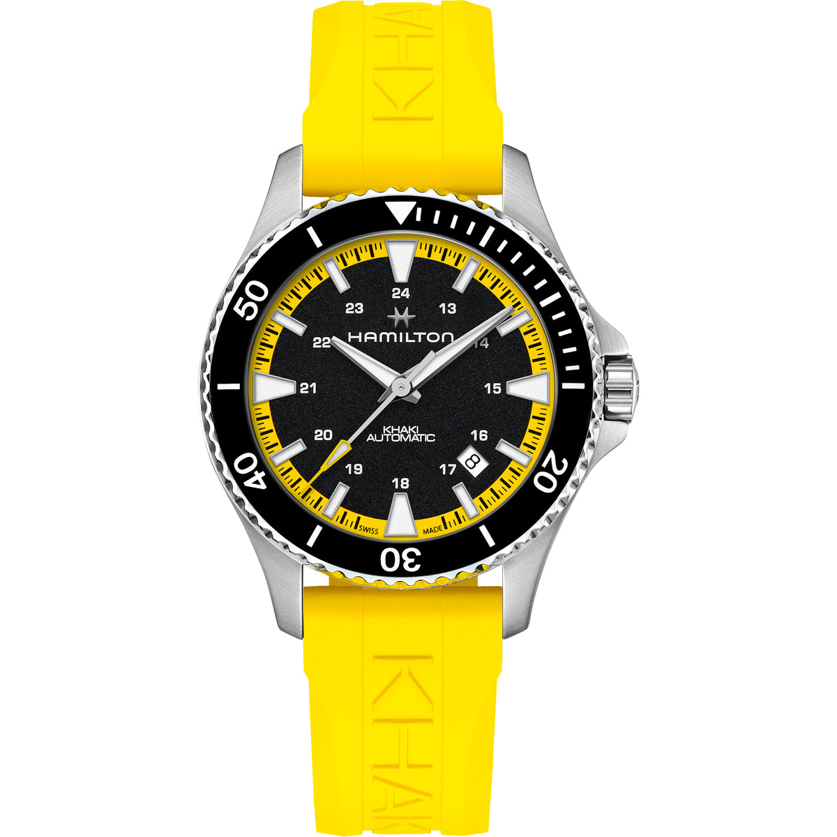 Men's Hamilton automatic dive watch, black dial with yellow accents, yellow rubber strap