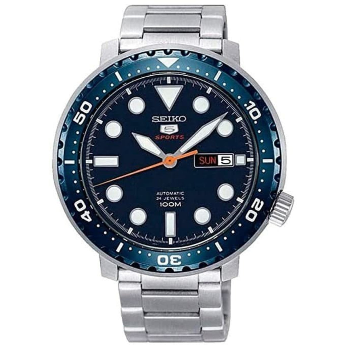 Seiko 5 Sports SRPC63K black/blue dial front view with steel bracelet