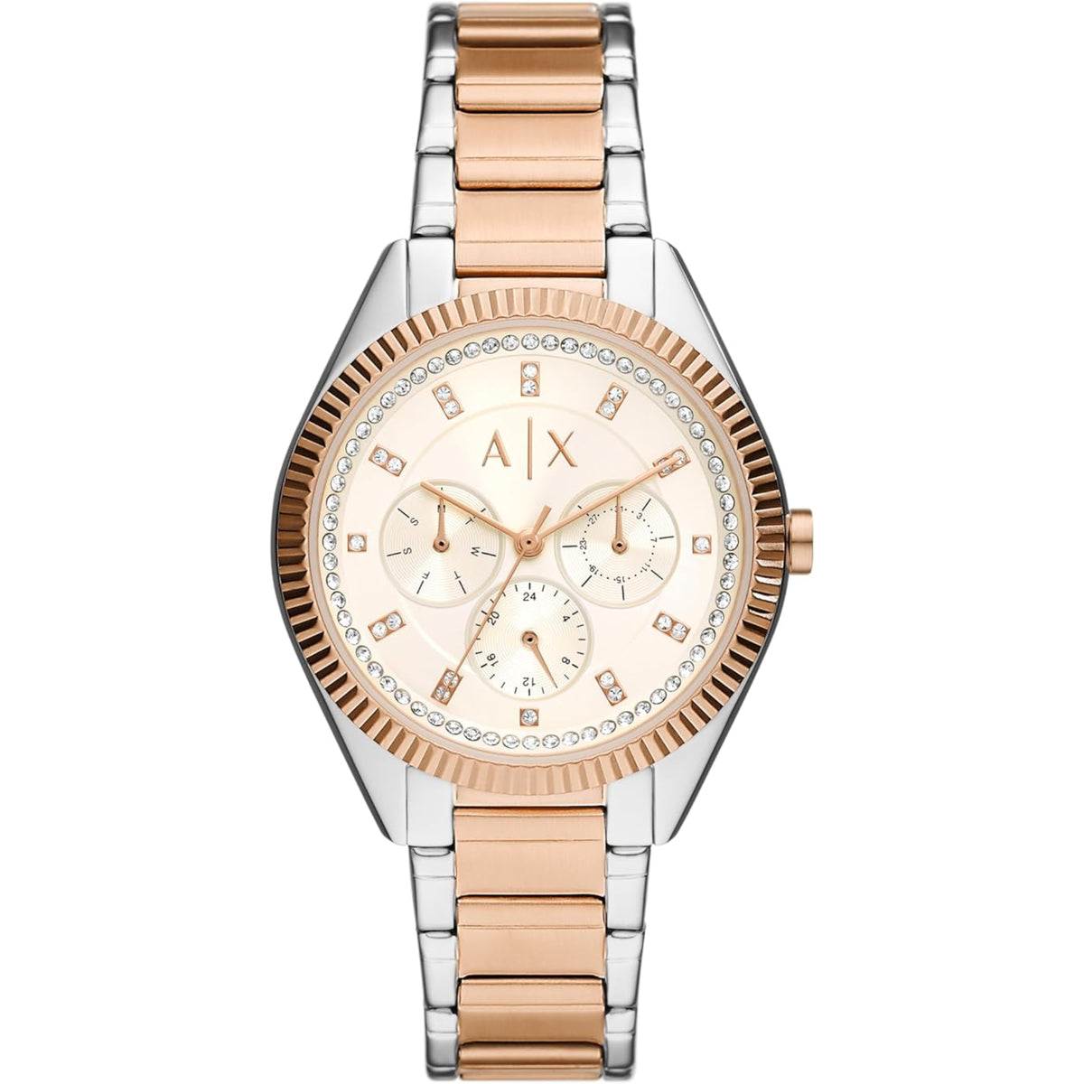 Two-tone steel chronograph watch with white dial, gem bezel, 3 subdials, rose-gold links