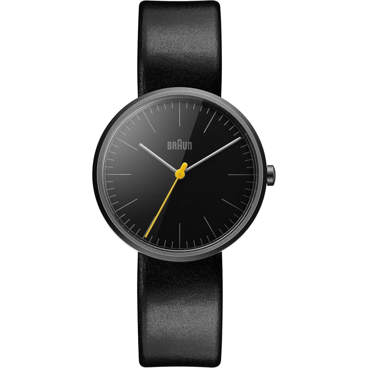 Braun ladies quartz watch with black dial and black leather strap, round case