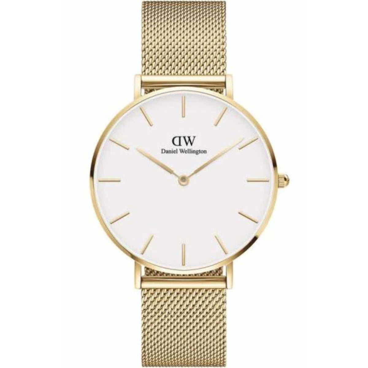 Gold-tone ladies quartz watch with white dial and mesh bracelet