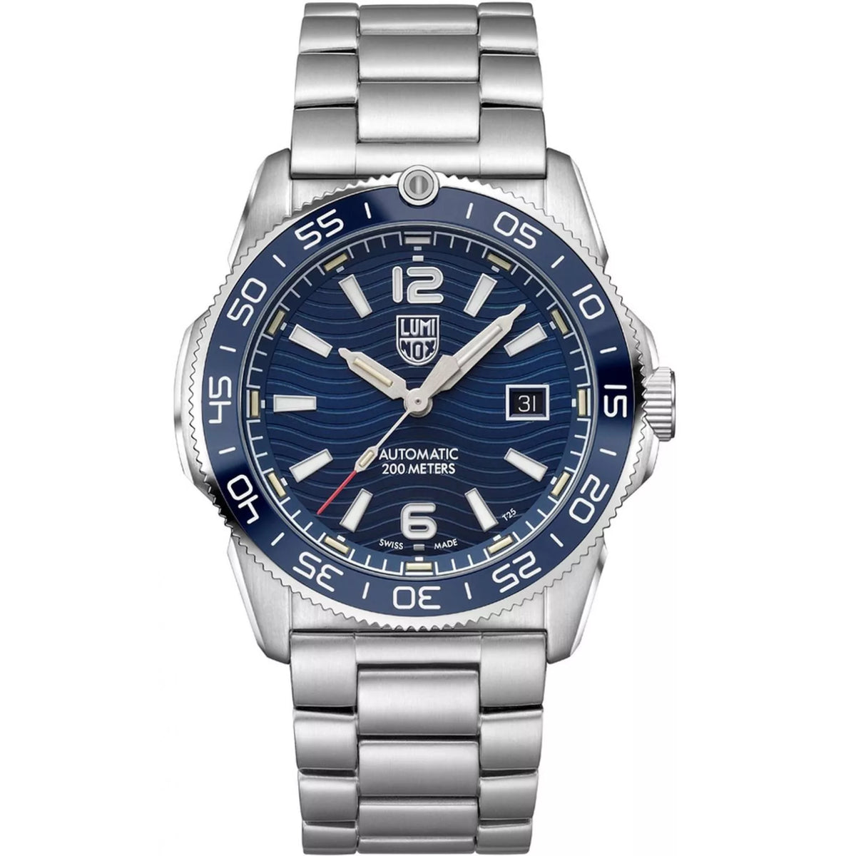 Stainless steel diver watch with blue dial, luminous indices, and date window at 3