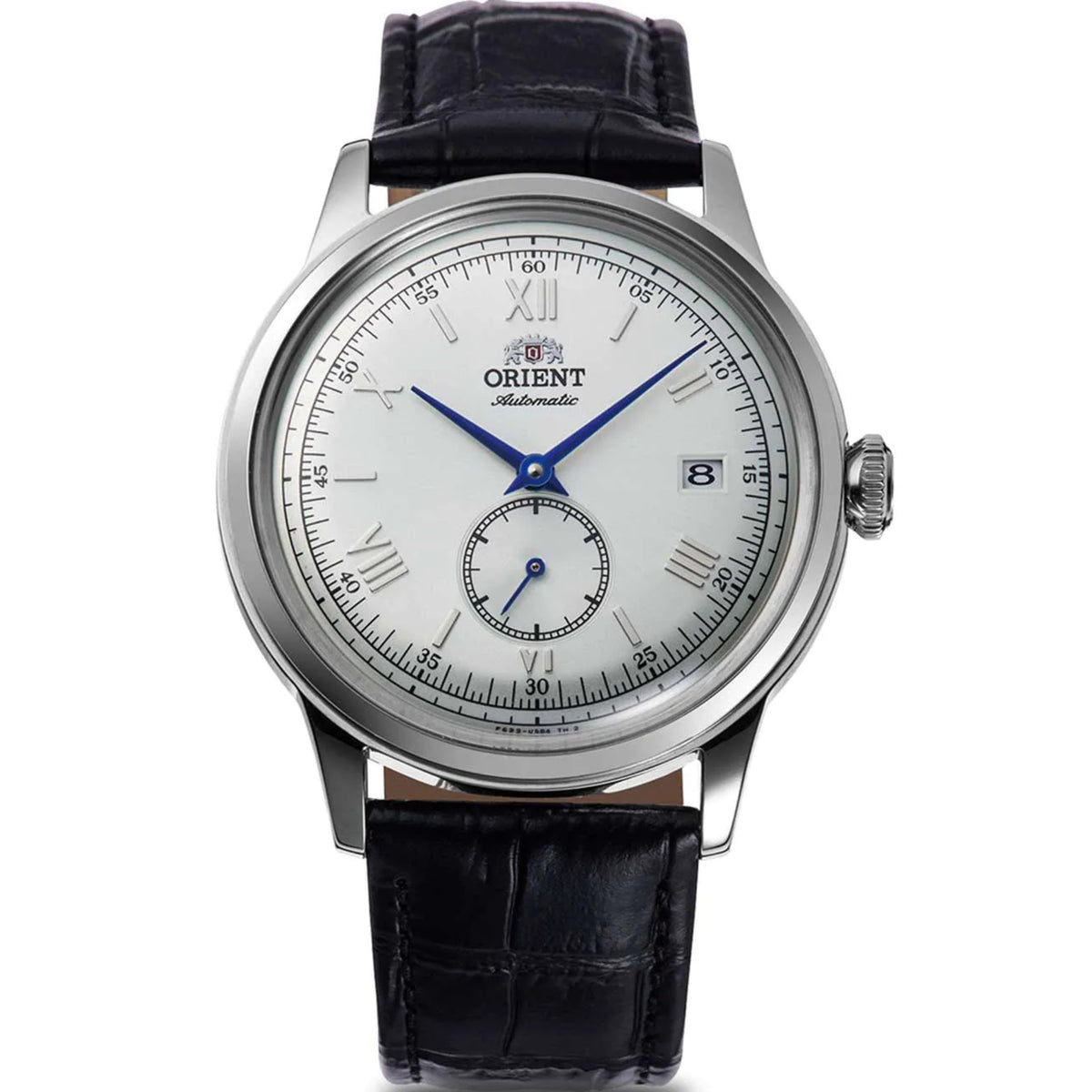 Men's automatic watch with white dial, blue hands, silver case, black leather strap