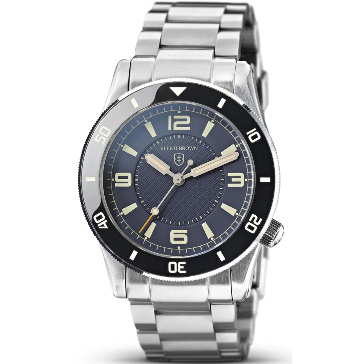 Men's diver watch with blue dial, black bezel, and stainless steel bracelet