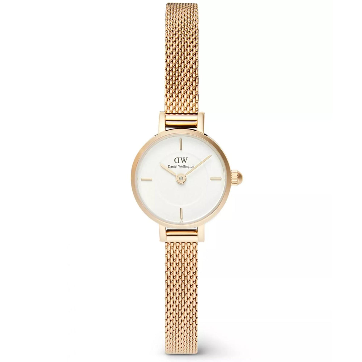 Petite gold-tone mesh strap quartz watch with white dial and DW hands