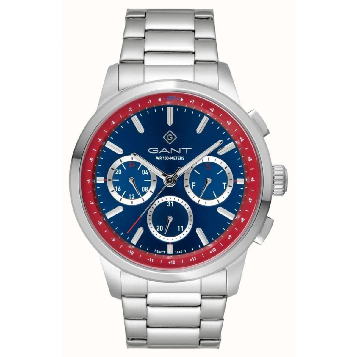 Men's steel chronograph watch with blue dial, red bezel, and three subdials on bracelet.