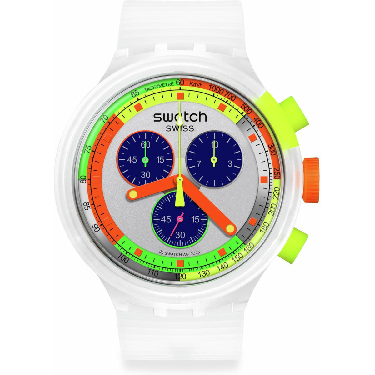 White silicone Swatch chronograph watch with neon orange, green and blue dial accents