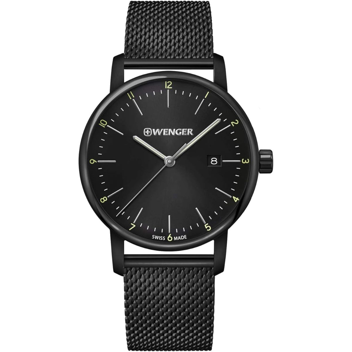 Men's quartz wristwatch with black dial and textured black bracelet, round case