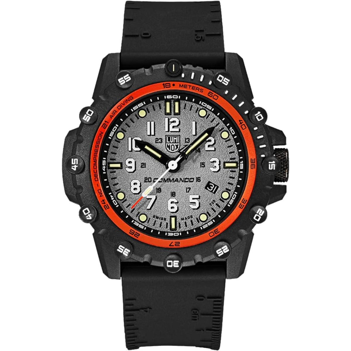 Men’s black rubber strap dive watch with orange-accent dial and luminous hour markers