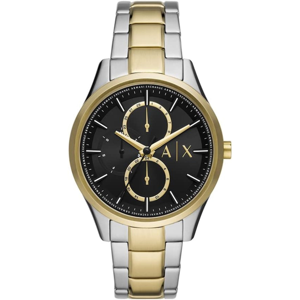 Armani Exchange Dante AX1865 front view displaying black dial with chronograph sub-dials and steel link bracelet